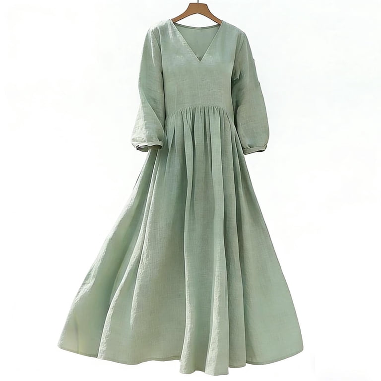 Ashirexll Flowy Dresses for Women, Womens Summer Dresses, Casual Linen  Blend 3/4 Sleeve V-Neck Loose Maxi Dress