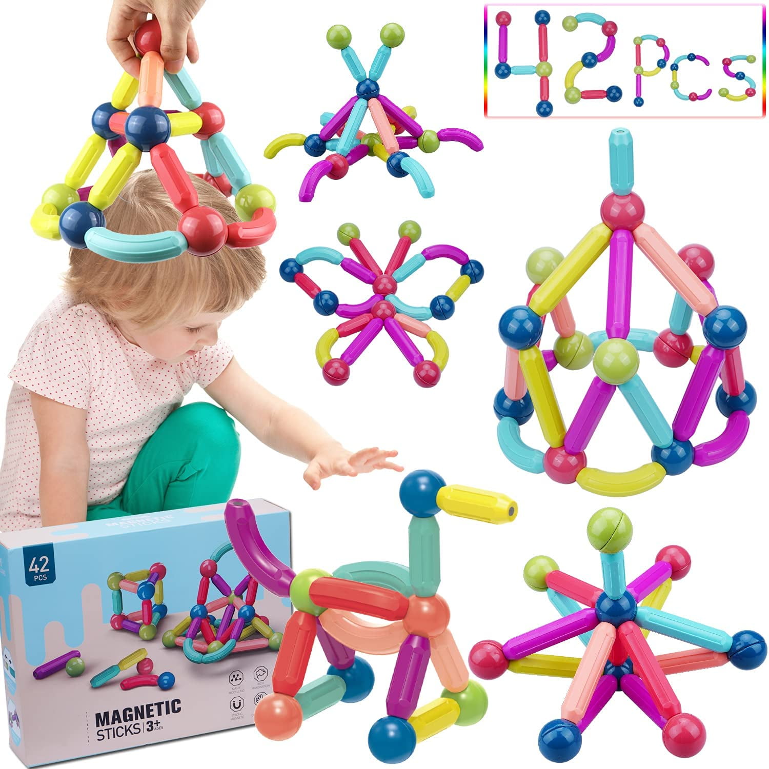 XGeek 42 PCS Balls and Rods Set Building Sticks Blocks Vibrant