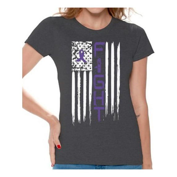 Awkward Styles Women's Fight Cancer Graphic T-shirt Tops USA Flag Purple Ribbon for Awareness
