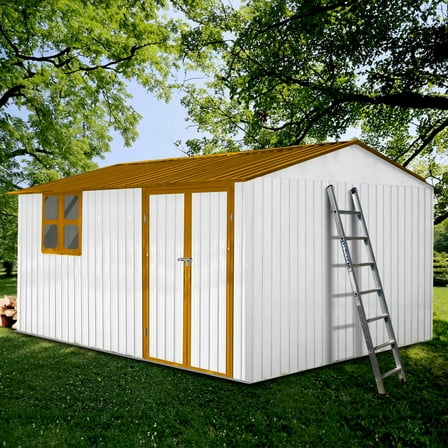 Aukfa 12FT x 10FT Outdoor Storage Shed, Metal Shed Storage with Window, Roof Slope Tool with Door and Padlock for Backyards, Patio Lawns, Yellow