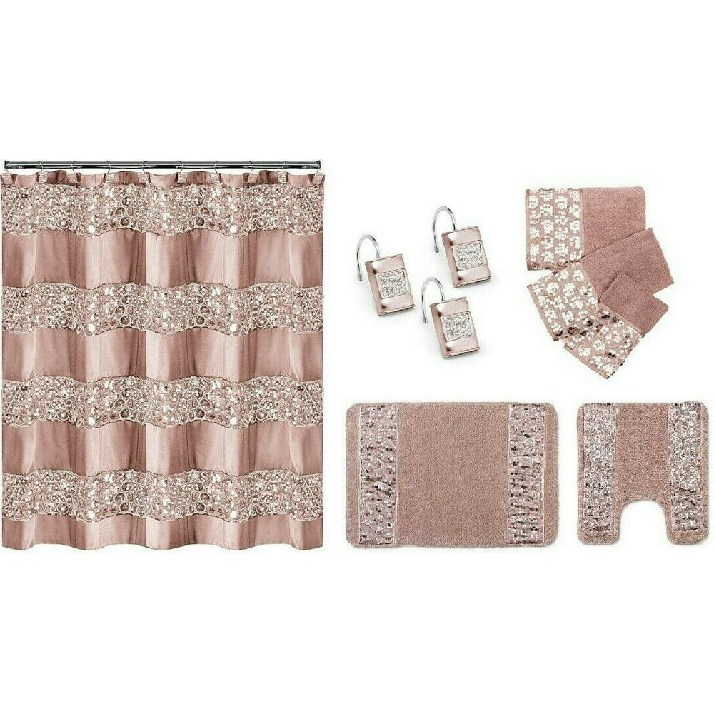 7 Piece Sinatra Blush Pink Shower Curtain, Resin Shower Hooks, 2 Rugs