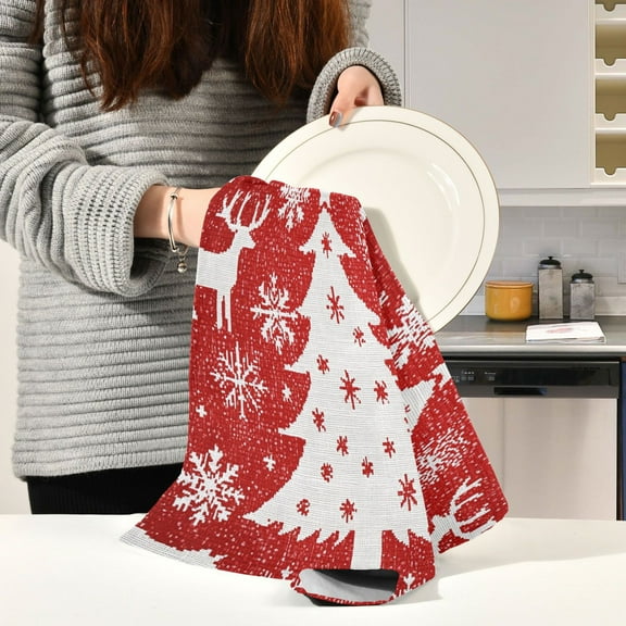 BZSMCE Kitchen Towels Creative Red Christmas Print Pattern Durable Kitchen Towel