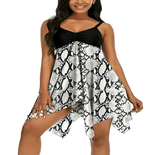 2Pcs Plus Tailles Femmes Maillot de Bain Épissage Bretelles Spaghetti Sans Manches Recadrée Robe + Slip M-4XL