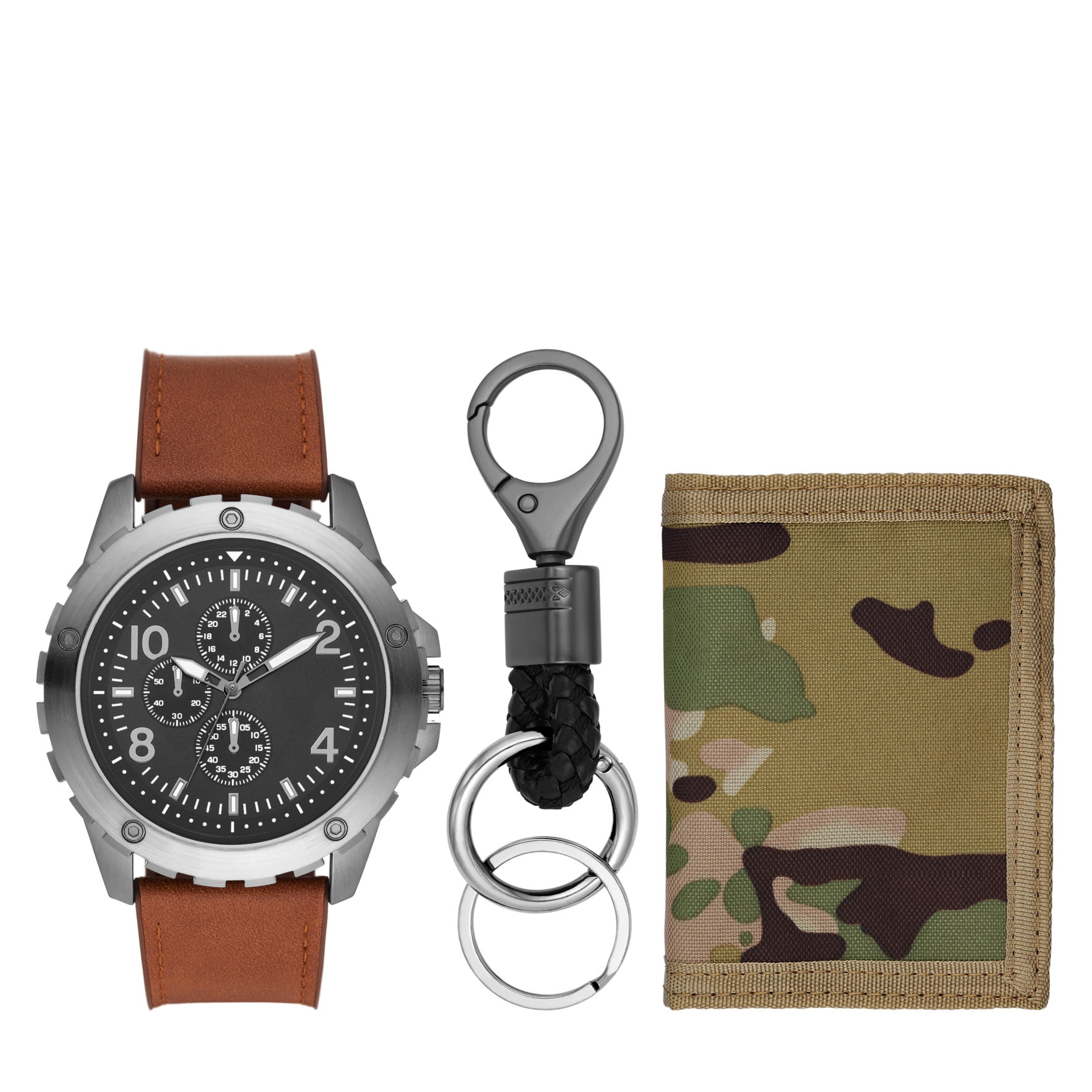 George Men's Watch Gift Set with Gunmetal-tone Watch, Black Sunray Dial and Brown Vegan Leather Watch Strap