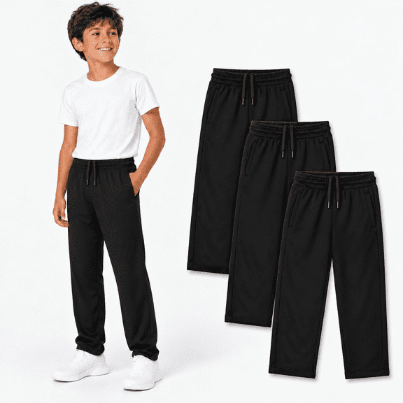 DARESAY Boys Mesh Athletic Pants 3-Pack, Lightweight Quick-Dry Active Pants with Pockets & Adjustable Drawstring, Sizes 4-16