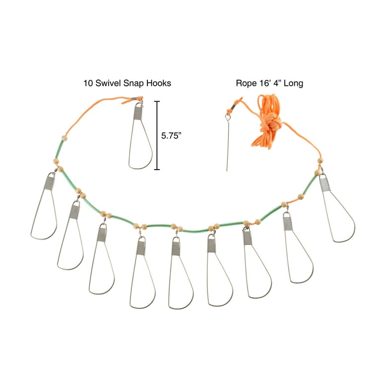 Fish Stringer- Heavy Duty Rope Stringer for Fishing with 5 Stainless Steel,  Tangle Free Hooks, Float and Plastic Handle By Wakeman Outdoors (16’4”)
