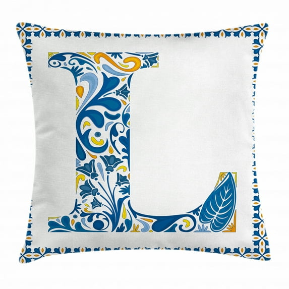 Letter L Throw Pillow Cushion Cover, Capital L in Traditional Portuguese Art Abstract Patterned Font Design, Decorative Square Accent Pillow Case, 18 X 18 Inches, Blue Yellow Orange, by Ambesonne