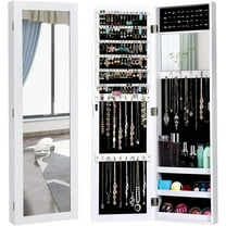 RONG-3 Wall Mounted Jewelry Cabinet with Full Length Mirror, Over The Door Jewelry Armoire Organizer with Large Storage, Makeup Mirror & Velvet Lining，White