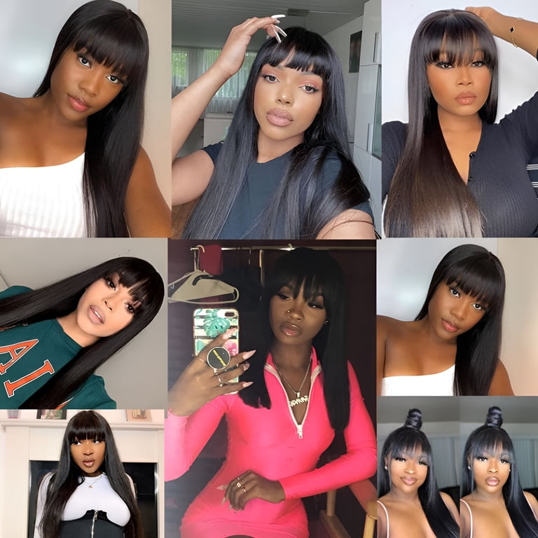 Straight Human Hair Wig with Bangs 180% Density Glueless Machine Made straight human hair wigs bangs none lace front wigs 180 - Temu main image 2