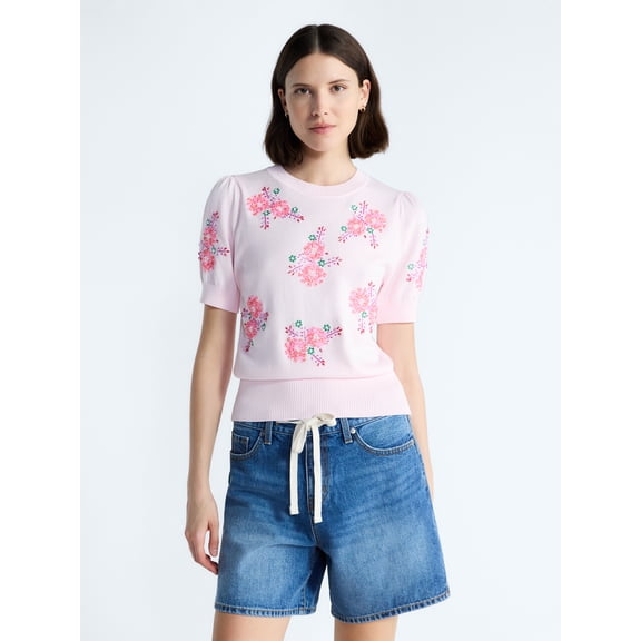 Free Assembly Women's and Women's Plus Beaded Floral Sweater with Puff Sleeves, Lightweight, Sizes XS-4X