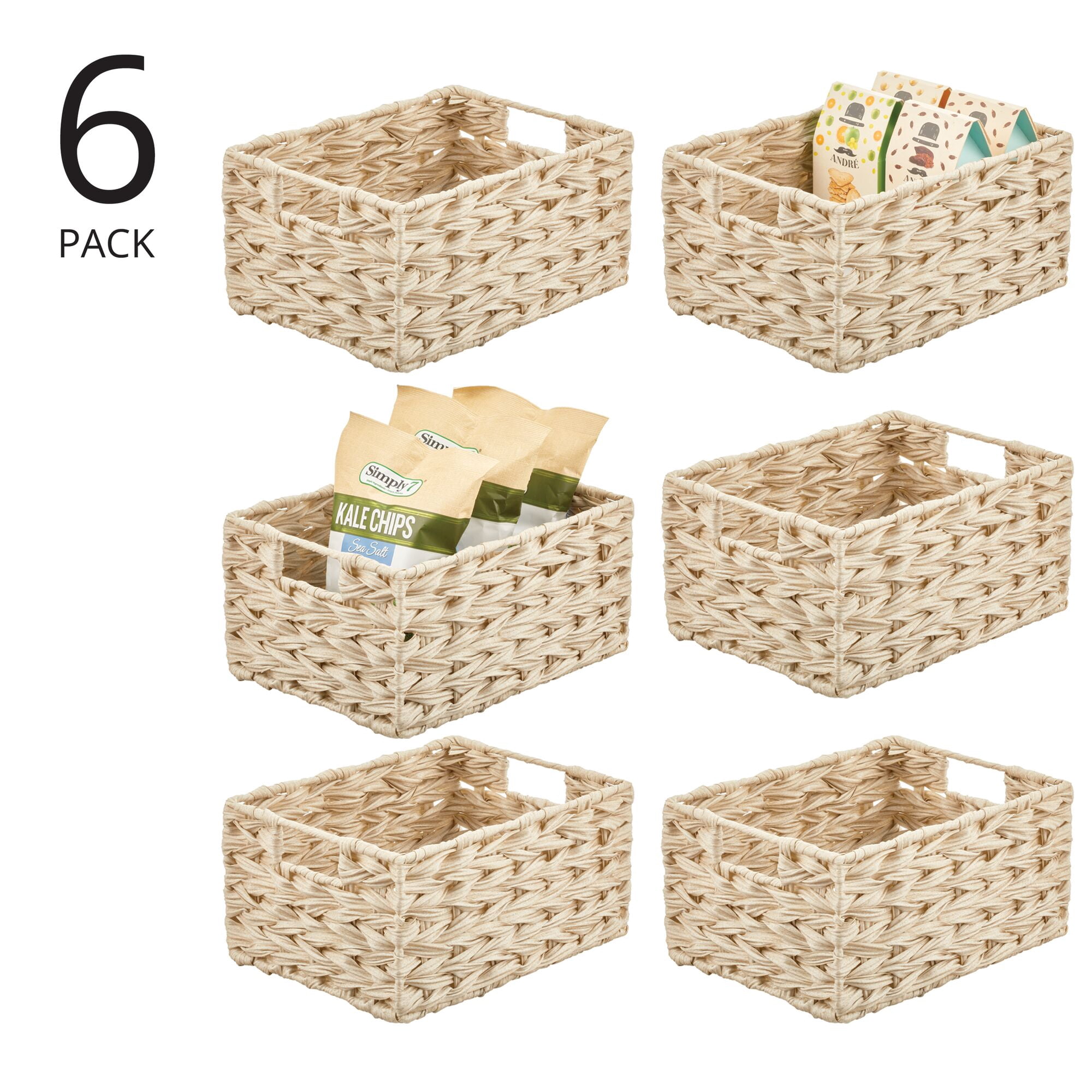 mDesign Woven Farmhouse Kitchen Pantry Storage Basket Box, 6 Pack, Cream/Beige