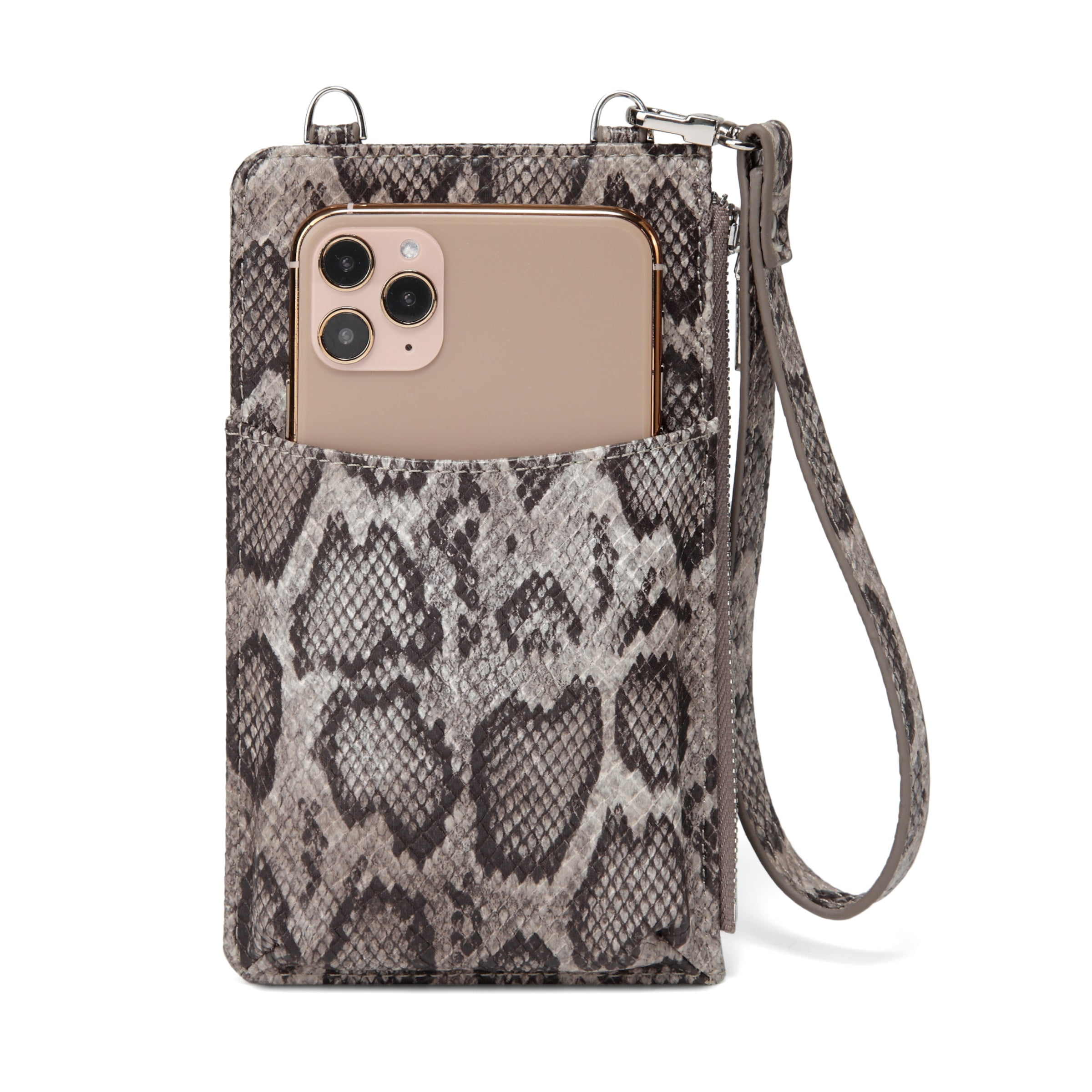 Daisy Rose Phone Holder Wallet and Cross Body Bag - RFID Blocking Wristlet with Card Slots and Zip Pocket -PU Vegan Leather - Grey Snake