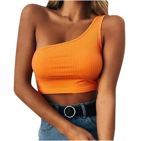 

CYMMPU Women Clothing Women s Sexy Bustier Slim Fit Crop Tops Round Neck Tank Streetwear Cropped Tank Summer Shirts Sleeveless Cami Solid Orange