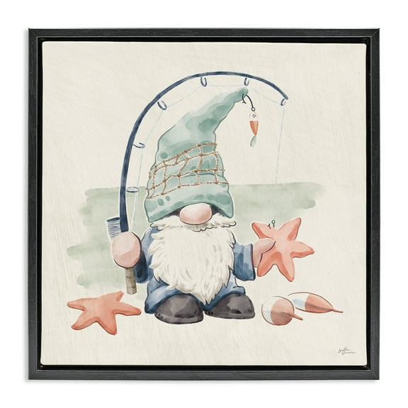 Stupell Industries Summer Beach Fishing Gnome Nature Painting Black Floater Framed Canvas Art Print Wall Art, 18 x 18
