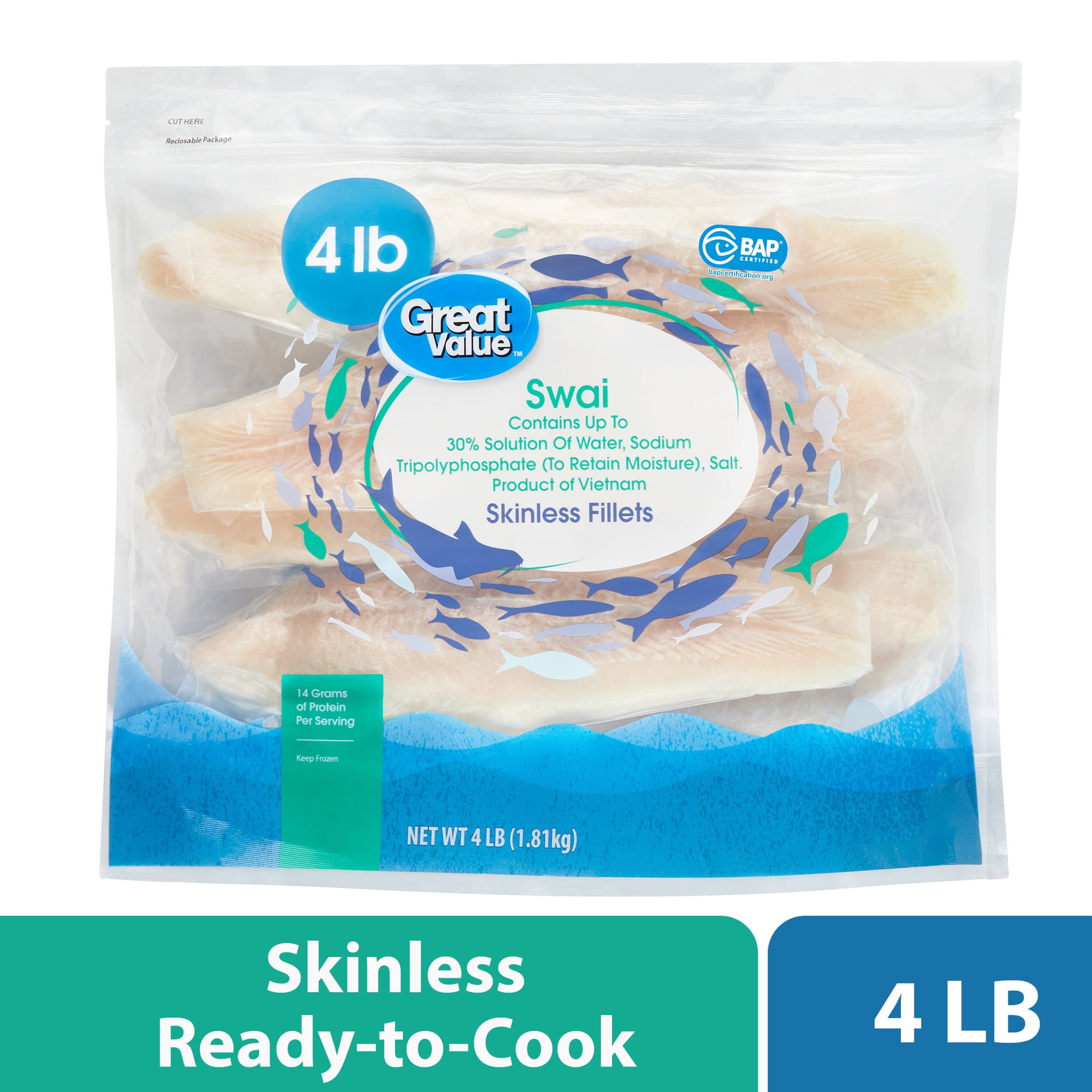 Great Value Frozen Skinless & Boneless Swai Fish Fillets Value Bag, 4 lb