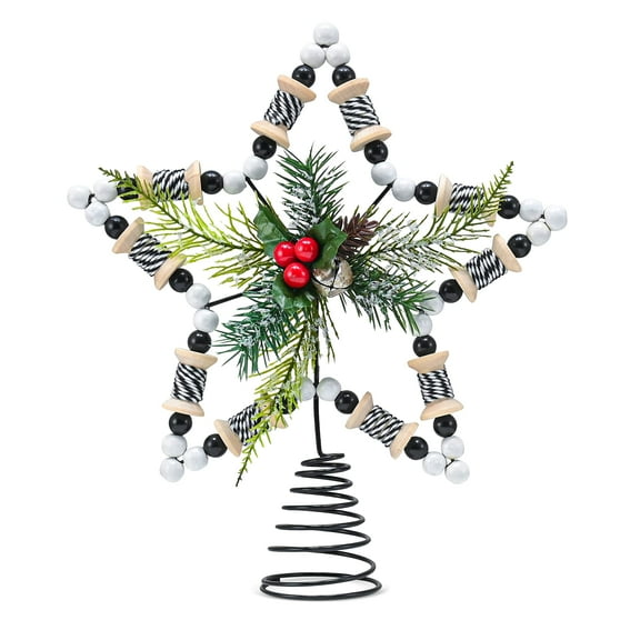 Ornativity Rattan Star Tree Topper – Christmas Farmhouse Rustic Tree Topper with Holly Mistletoe and Berry Decorations