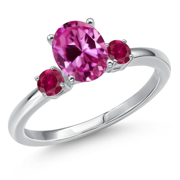 Gem Stone King 14K White Gold Pink Created Sapphire and Red Created Ruby Engagement Ring for Women | 1.93 Cttw | Oval 8X6MM | Gemstone September Birthstone | Size 7