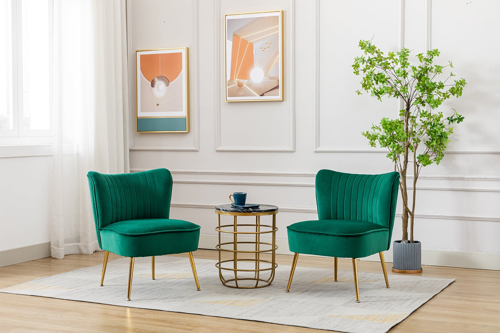 Guyou Modern Accent Chair Set of 2, Armless Slipper Chair Velvet Upholstered Lounge Chair, Wingback Large Single Sofa Side Chair with Gold Legs for Living Room Bedroom, Green