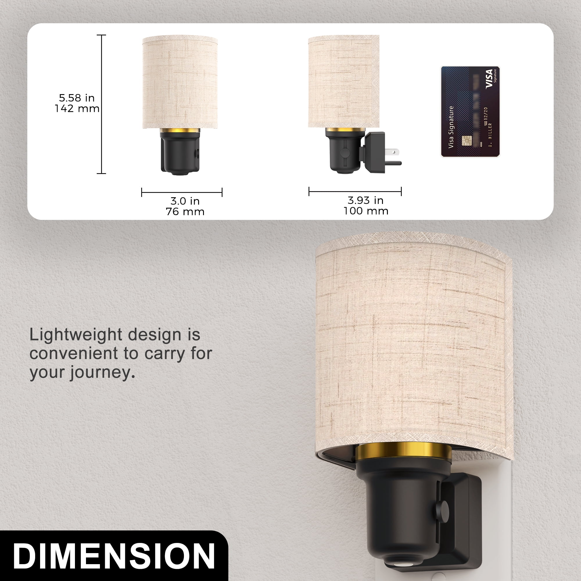 YANSUN 2 Pack 1 W Dimmable LED Plug-In Night Light with Metal Ring Fabric Shade Auto Dusk to Dawn Sensor Warm 2700K Up Glow