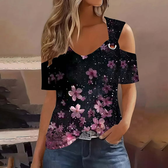 Sexy Cold Sholuder Tops for Women 2026 Summer Hollow Out Eyelet Short Sleeve Blouse Loose V Neck Tshirt Casual Tunics, 2025