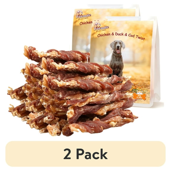 (2 pack) Pawmate Chicken Jerky & Duck & Cod Twist Dog Treats, Premium Pure Meat Snacks for All Dogs, 28-29 Count