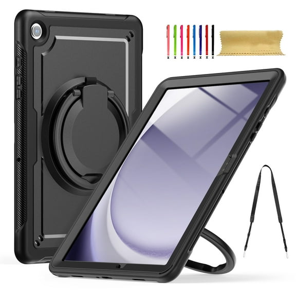for Samsung Galaxy Tab A9 11.0" 2023 SM-X210/SM-X215/SM-X216B Case, Shockproof Rugged Protective Case with 360°/180° Rotating Handle Grip Stand & Adjustable Shoulder Strap & Pencil Holder - Black