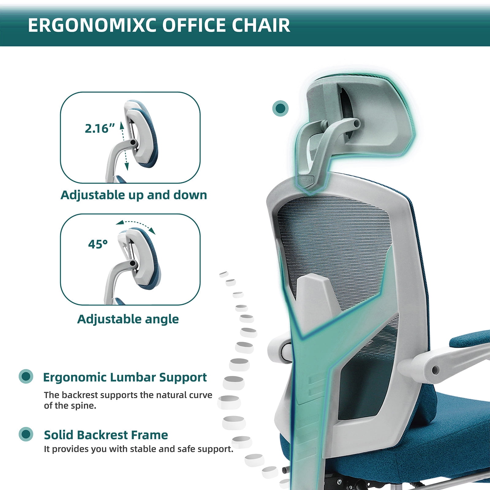 Gianna High-Back Ergonomic Mesh Office Chair with Lumbar Support, Adjustable Headrest, Footrest, and Padded Armrests for Maximum Comfort, Blue