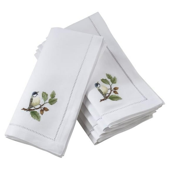 SARO  20 in. Citrea Square Bluebird Embroidery Cotton Napkins with Hemstitch Border - White  Set of 6