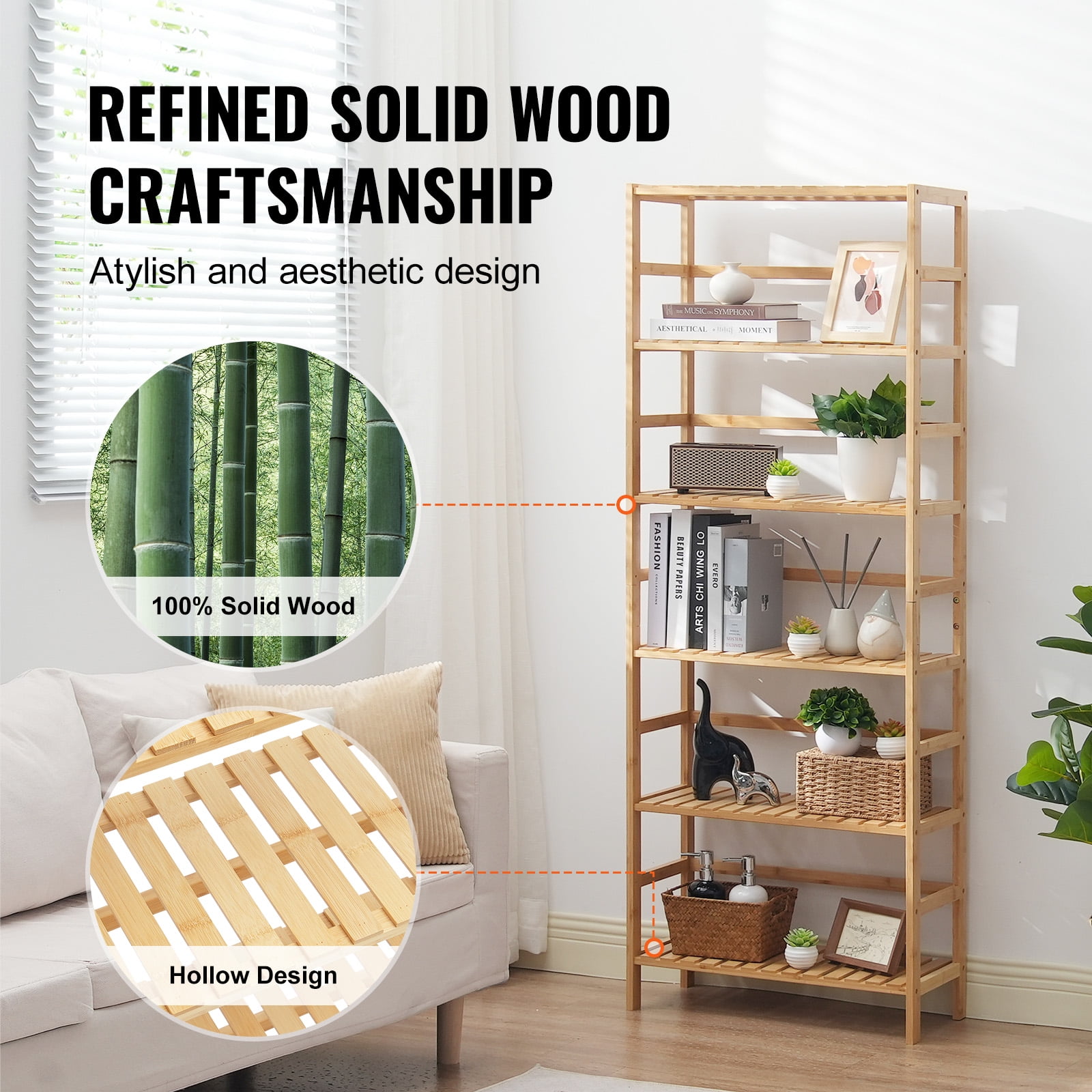 KFFKFF 6-Level Bamboo Rack, Uncovered Wooden Bookcase, Showcase Organizer, Independent Floral Plant Holder, Versatile Bamboo Shelving Perfect for Restroom, Sleeping Quarters, Workspace