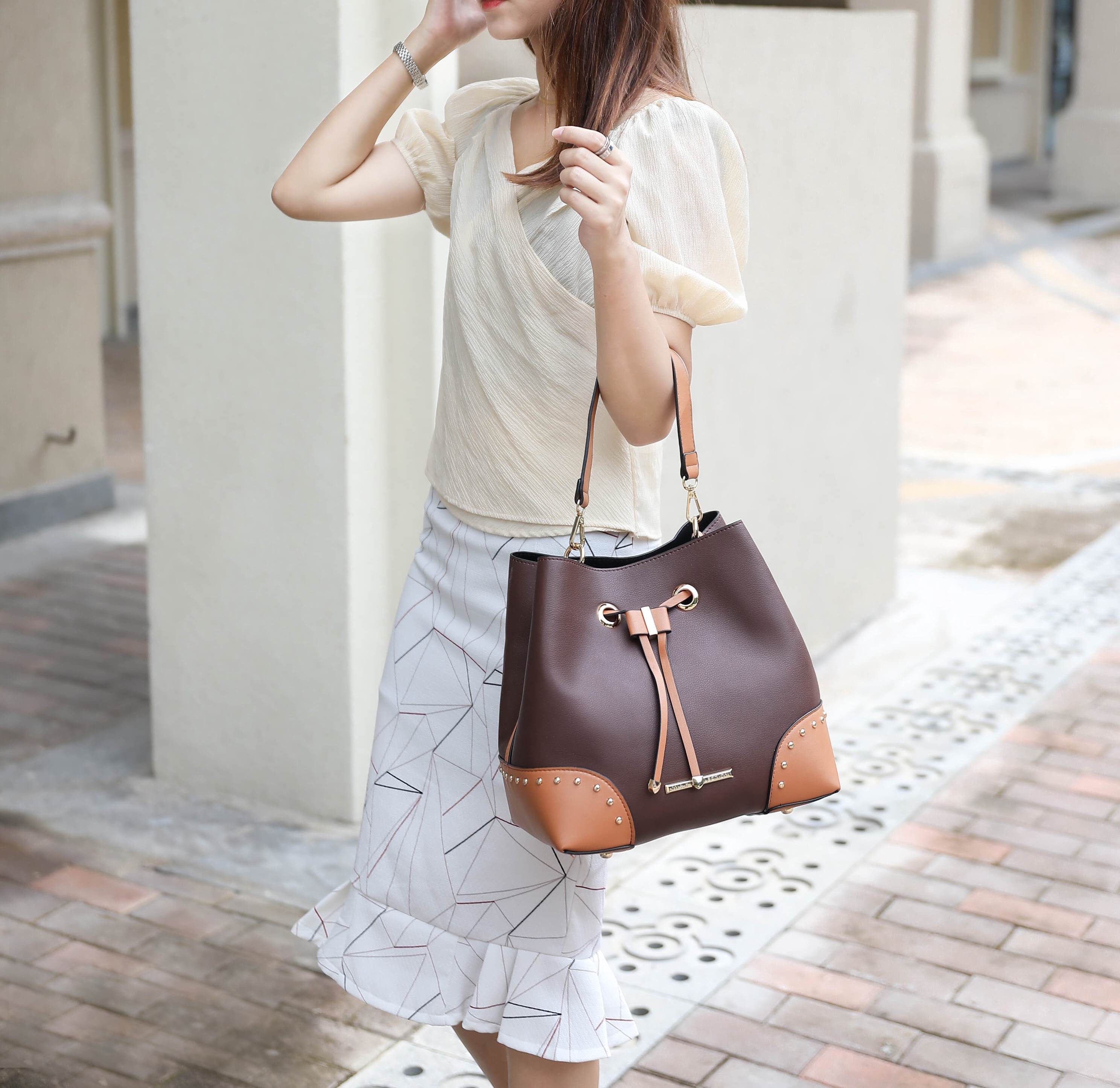 MKF Collection Candice Women's Color Block Bucket Bag & Wallet 2-Piece Set by Mia K. - Coffee/Cognac