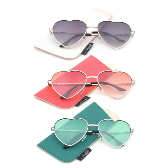 Women Heart Sunglasses Metal Frame Spring Hinged Lovely Aviator Heart Shape Mirror Flash Lens