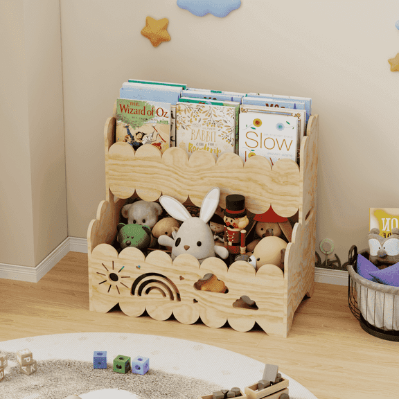 HAIDAIYA Wood Kids Bookshelf, Montessori Book Shelves 2-Tier, Suitable Kids Rooms, Nursery & Playroom, Kid Bookshelfs and Toy Storage, Toddler Book Rack, Nursery Wood Organizer