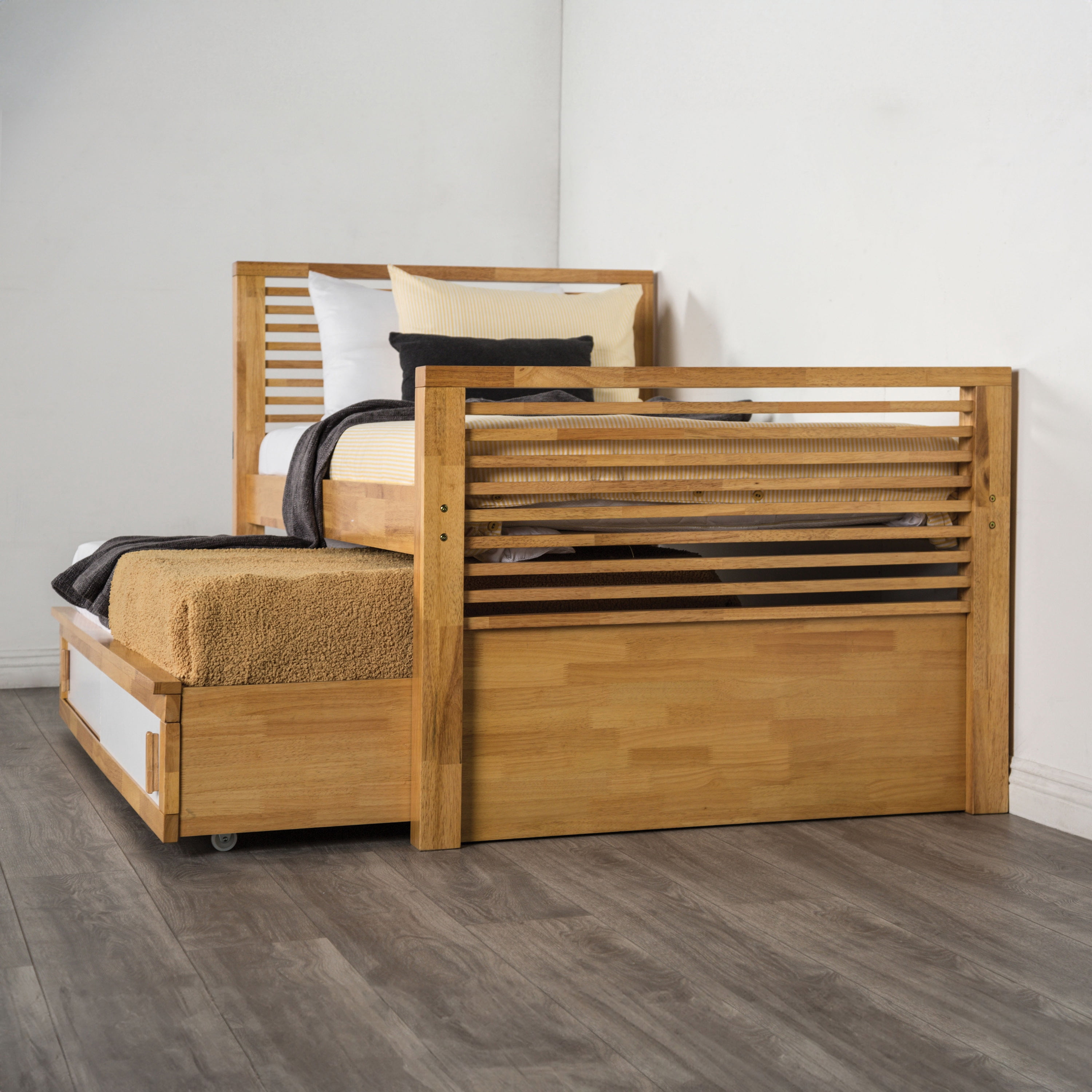 Furniture of America Corwin Solid Wood Full Captain Bed with Trundle, Light Oak