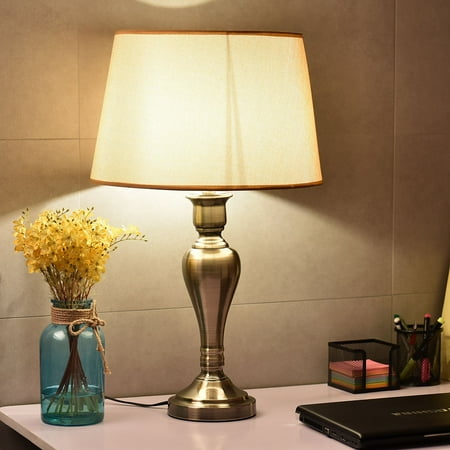 - Goplus 15'' Antique Brass Table Lamp w/ LED Bulb Linen Shade Iron Base Office