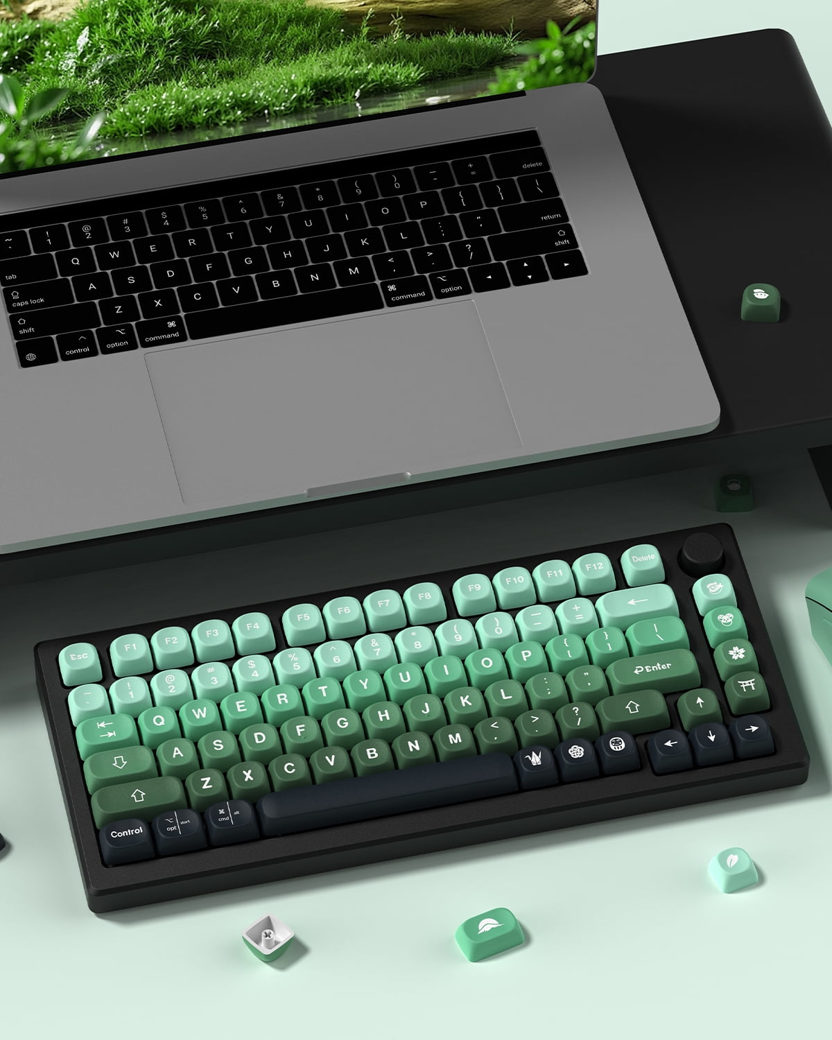 COSTOM Matcha Gradient Green PBT Keycaps, MOA Profile Cute Custom Keyboard Keycaps Janese Style 5 Side Dye Sublimation, 132 Keys Set for 60% 65% 75% 80% 100% Cherry Gateron MX Mechanical Keyboard