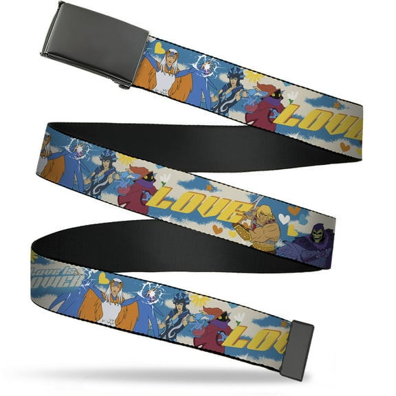 Adjustable Belt, Clamp Buckle, Cut-to-Fit, MOTU Love Is Power Heroes and Villains Collage Blue White