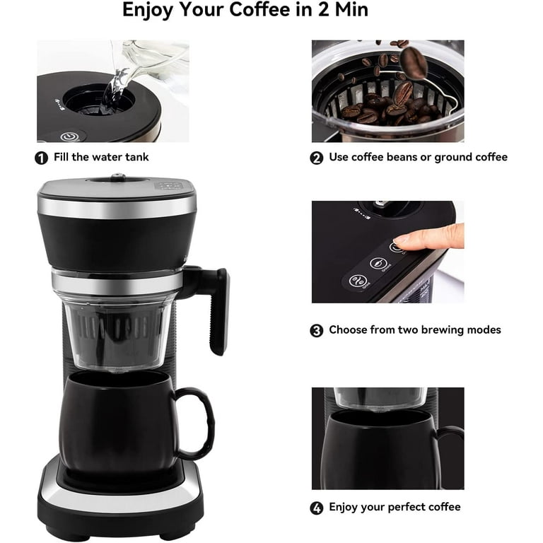 Bean to Cup Grind and Brew Coffee Maker, 2-in-1 One Cup Coffee Machine Pods Compact & Ground Coffee (Black Mug)