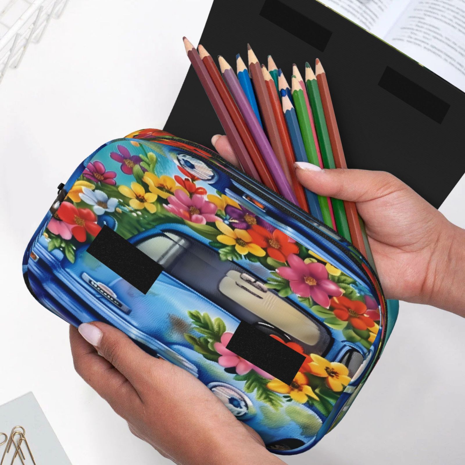 Rateoe Floral Truck Welcome Pattern Double Clamshell Pen Case, Storage Organizer with Two Zipper Compartments– Holds Up to 50 Pencils & Pens