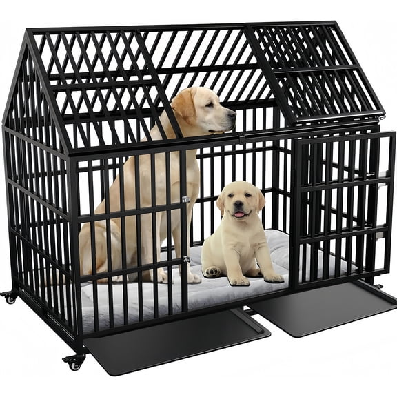 54 inch Heavy Duty Dog Crate XL Large Pet Dog Cage Crate Kennel with Roof Top 2 Doors Removable Trays, Lockable Wheels Escape-Proof for High Anxiety Dogs