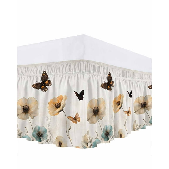 Blue Brown Floral Bed Skirt King Size 16" Drop Butterfly Plant Pastoral Style Ruffled Wrap Around Bed Skirts Adjustable Elastic Bedskirt Dust Ruffle for King Size Bed