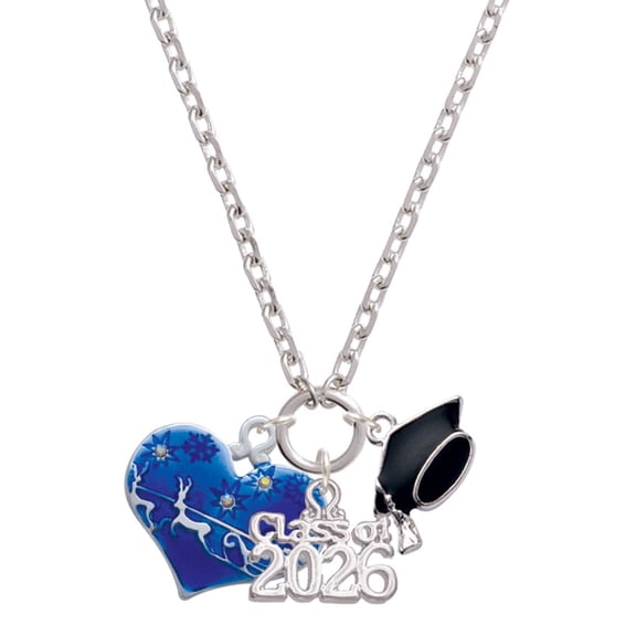 Delight Jewelry Silver-tone Large Blue Flying Santa Heart with AB Crystals - Class of 2026 Graduation Zoey Charm Necklace, 28"