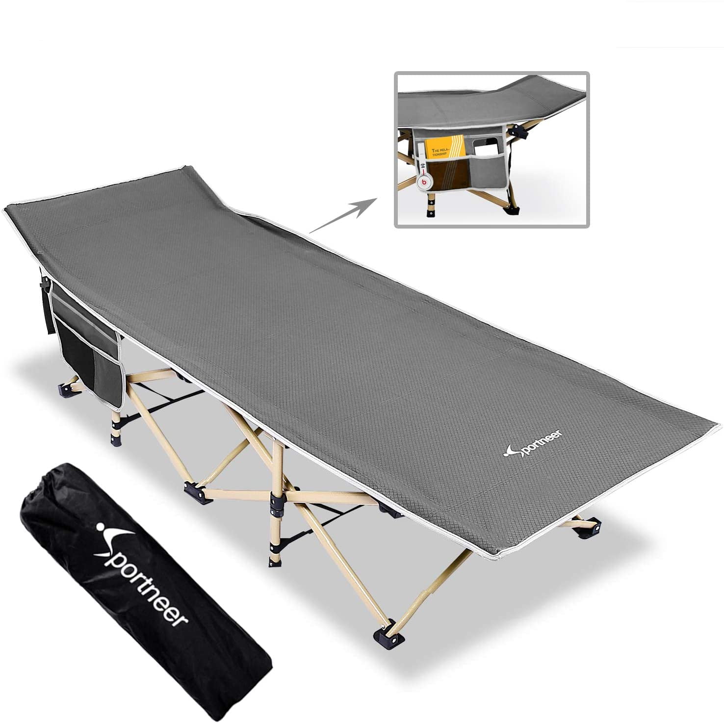Lightweight and Strong side pocket Military Style Aluminium Black Camp Bed