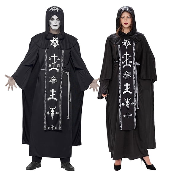 HOWPAY Halloween Costumes for Men Evil Vampire Wizard Black Robe Cosplay Outfit Dark Mage Role Play Fancy Gown For Couple Party Event Halloween Costumes L