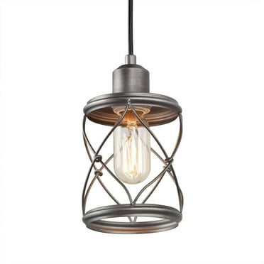 Farmhouse Mini Pendant Light with Brushed Silver Cage for Kitchen Island or Foyer