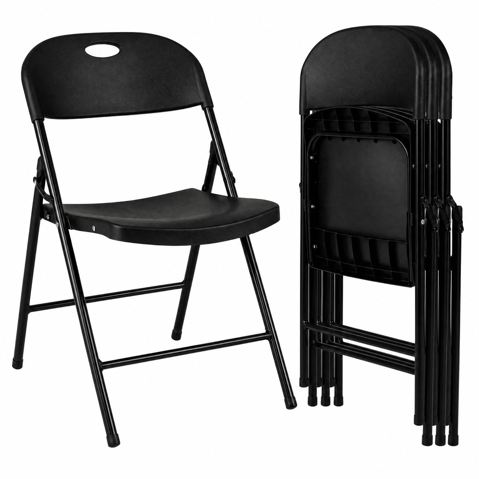 Furnibear Set of 4 Foldable Plastic Chairs with Ergonomic Backrest for Kitchen Dining Room Living Room Home, Black