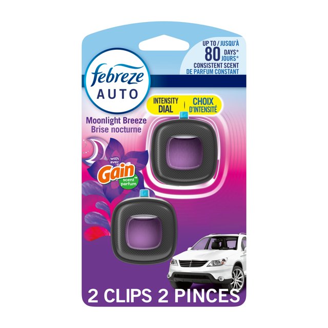 Febreze Car Air Freshener, Odor-Fighting Automotive Vent Clip, Gain Moonlight Breeze Scent, 2ct