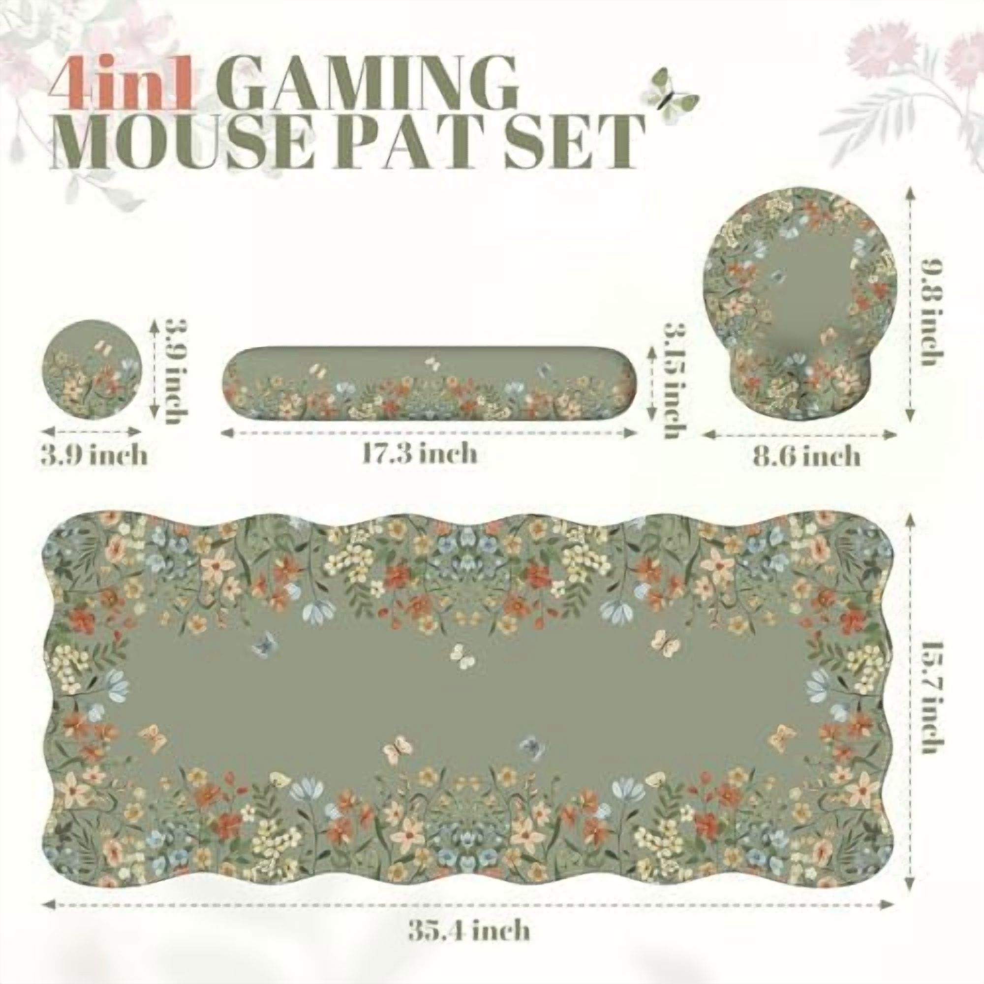 Tekola Desk Mat Set,Large Mouse Pad with Wrist Rest,Ergonomic Keyboard Wrist Support for Women,Girly Floral Computer Mat with Scalloped Edges,Non-Slip Desk Pad Home Office Gaming (Green)