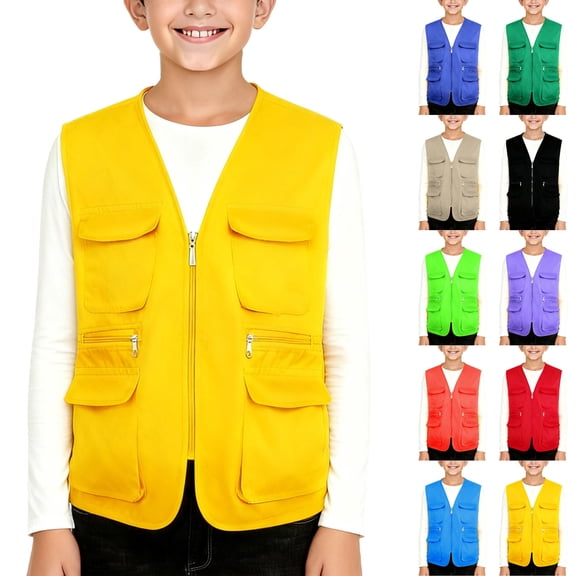 Husipze Kids Cargo Vest Sleeveless Pocket Front Full Zip Outdoor Sport Outerwear V-neck Breathable Lightweight Utility Jacket Yellow 7-8 Years