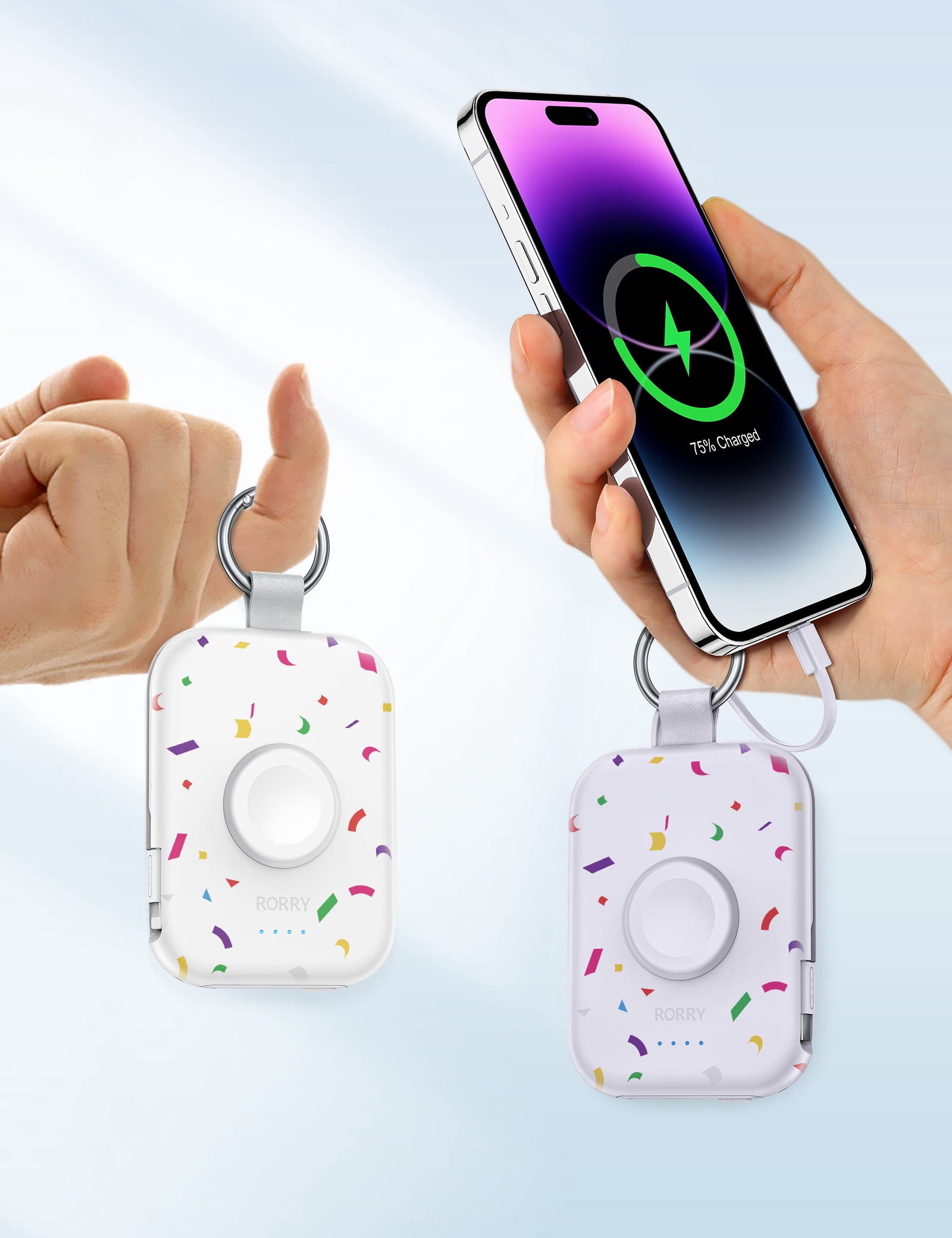RORRY Portable Charger, 5000mAh Power Bank - Apple Watch Charger with Built-in Cables,Travel-Ready Portable Charger for iPhone 17/ 16/15/14 ,Android ,Apple Watch Ultra2/11/10/9/8, Confetti-Purple