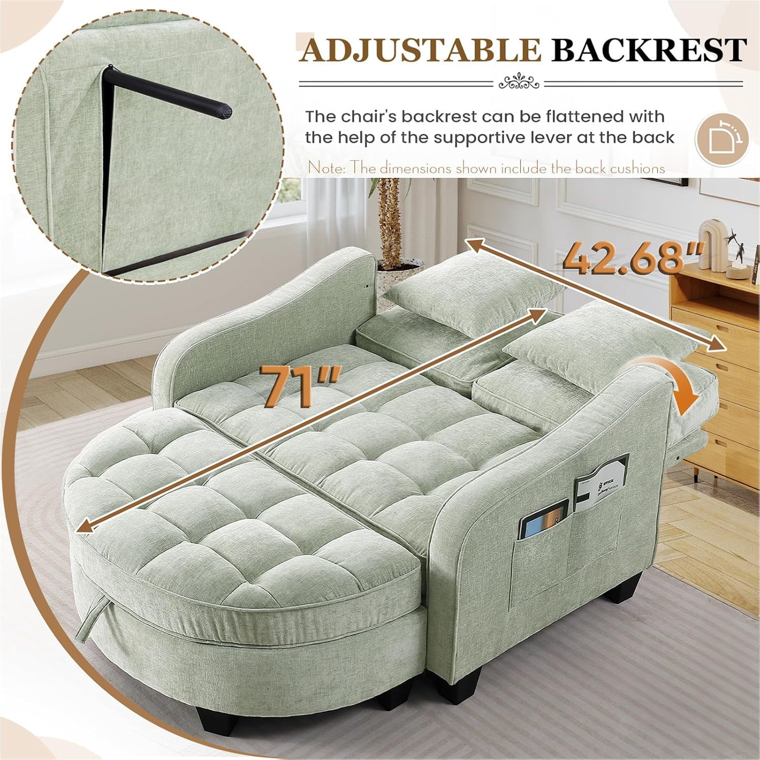 MOONMISS Oversized Chair and A Half, Chenille Tufting Accent Cozy Reading Sofa Chair with Storage Ottoman, Upholstered Loveseat Chaise Lounge Sofa with Adjustable Back for Living Room,Green